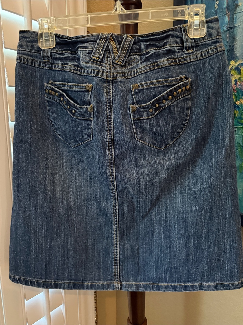 Dark Blue Denim A-Line Skirt with Stud Accents - Picture 2 of 8